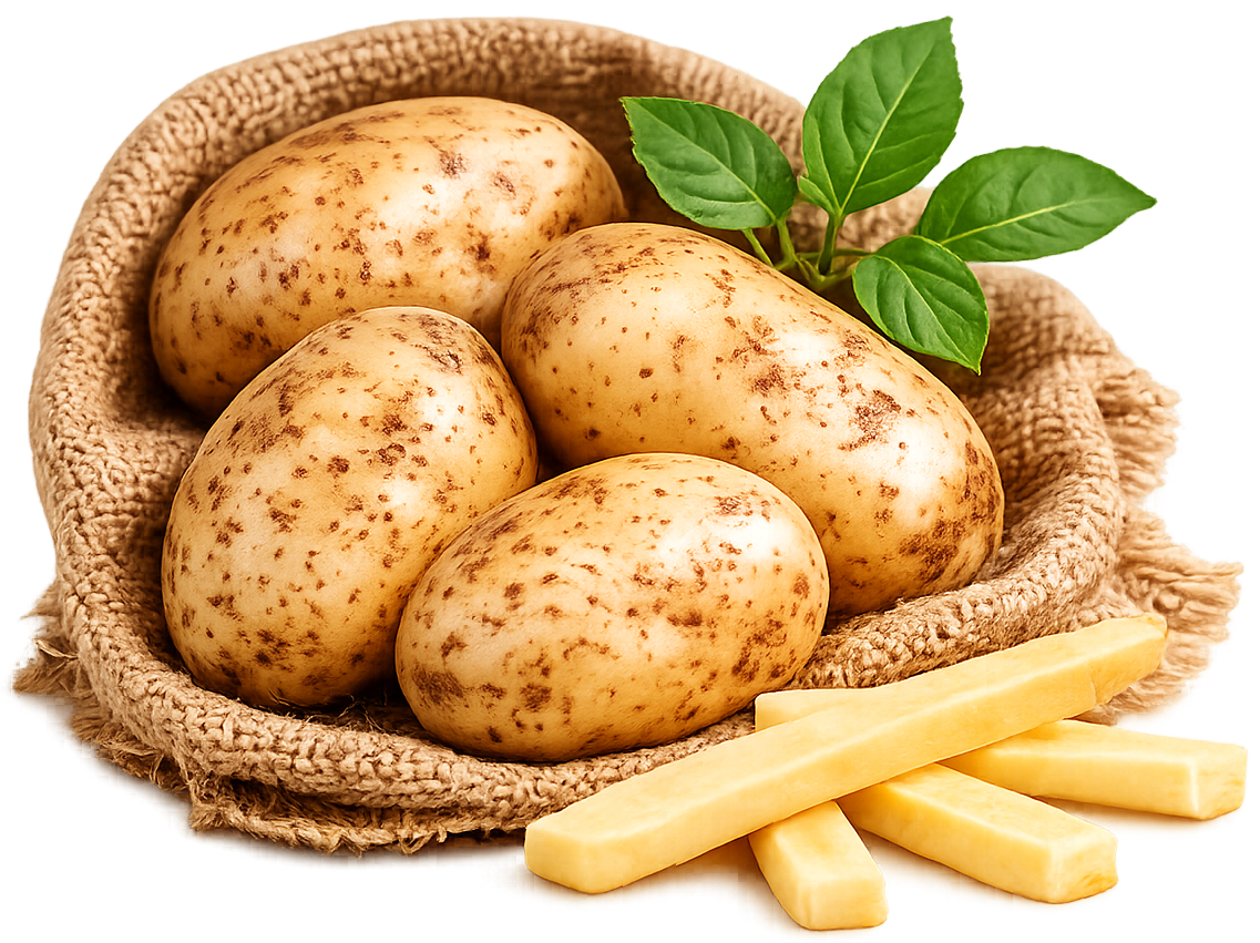 Alt Text: Premium quality potatoes in a burlap sack with fresh-cut chips ready for processing.